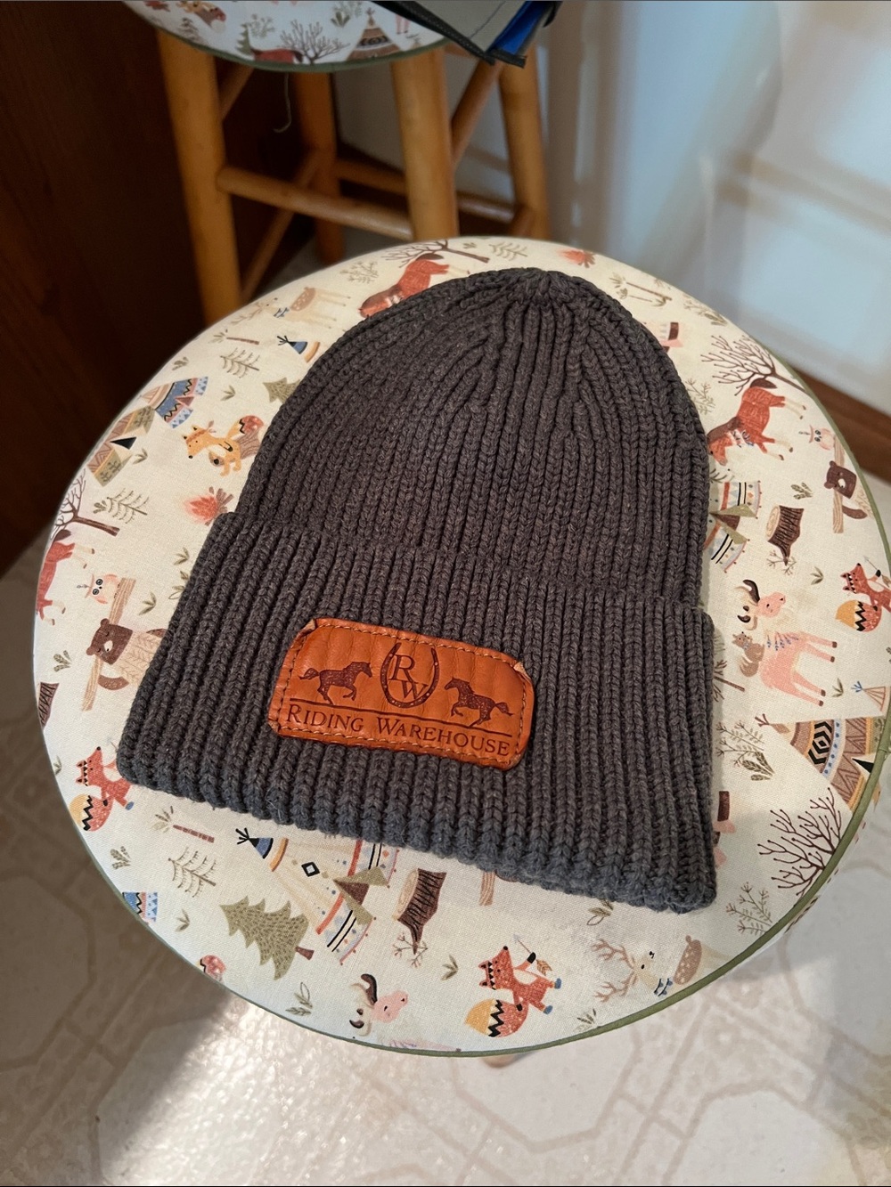 Riding Warehouse Charcoal Gray Knit Equestrian Beanie with Leather Logo Patch